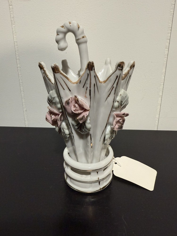 Vintage Porcelain Umbrella Hat Pin Holder with Roses 5 Inch