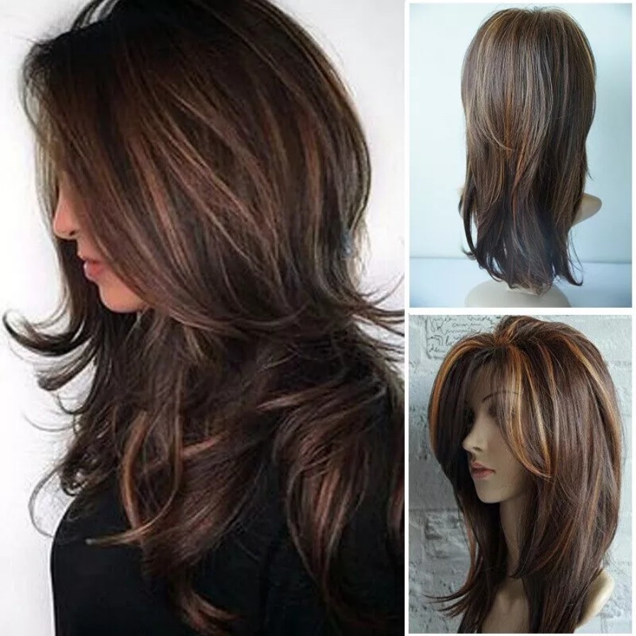 NEW Women Dark Brown w/Gold Highlight Ombre Shoulder Length Curly Hair Wig+-