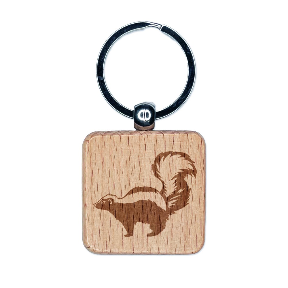 Skunk Engraved Wooden Keychain Charm with Striped Design  
