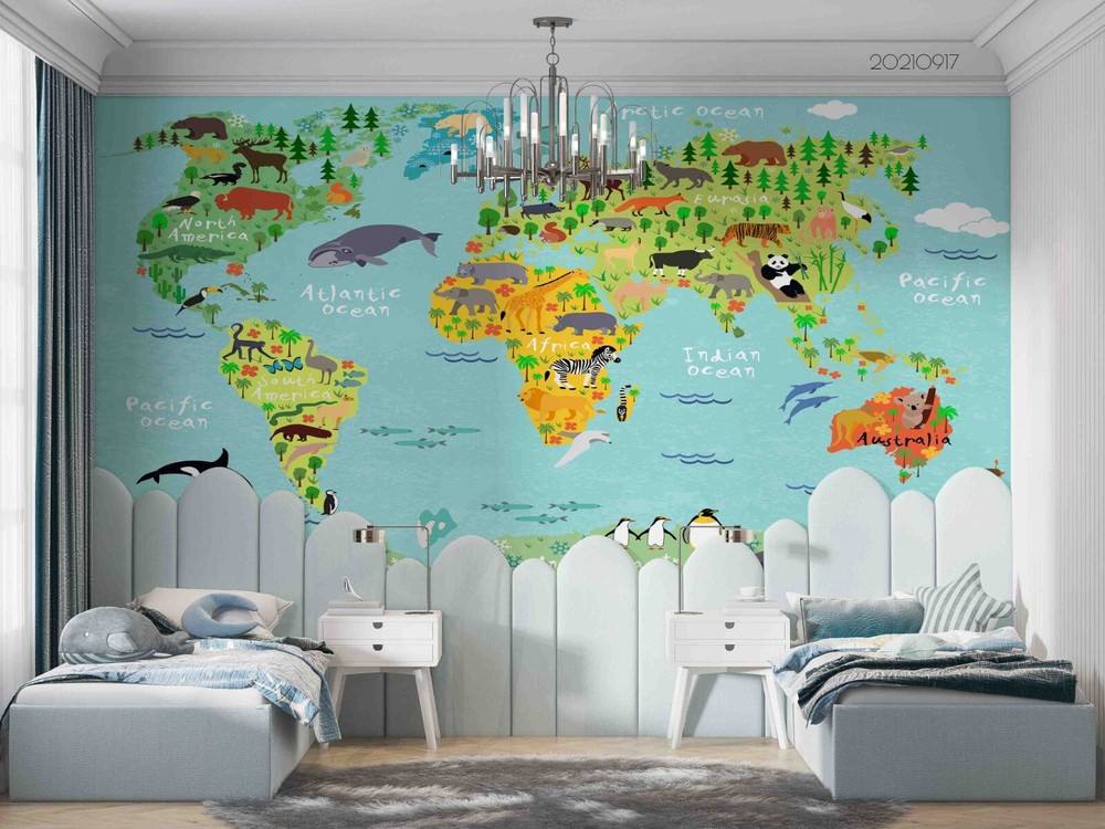 3D Blue World Map Forest Animals Wall Murals Wallpaper Murals Wall Sticker 52