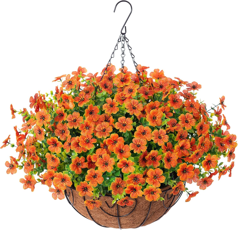 Artificial Fake Fall Hanging Plants Flowers Basket for Outdoor Decor, Faux Silk