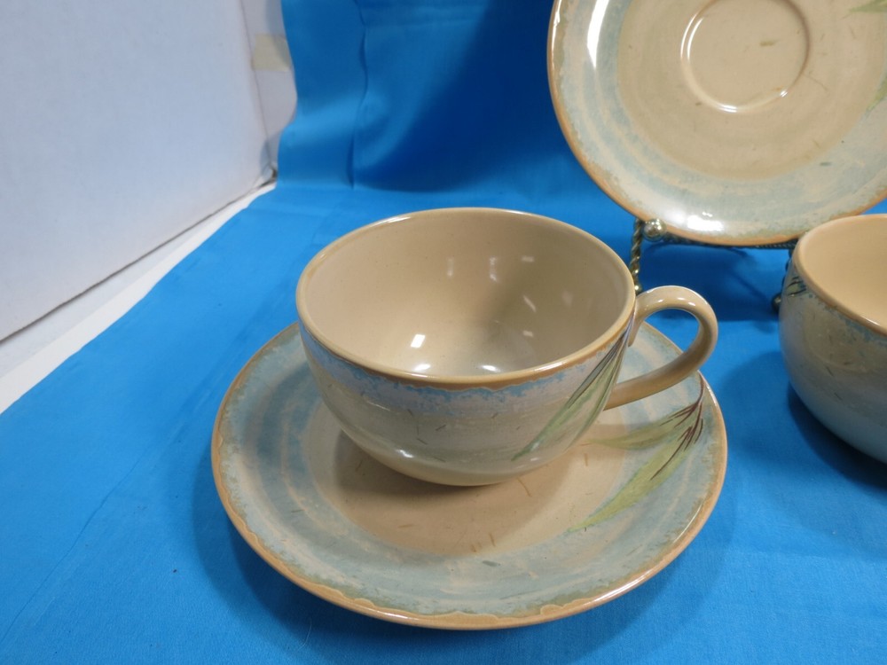 222 Fifth Genuine Stoneware Bamboo Design Cups And Saucers Set 2