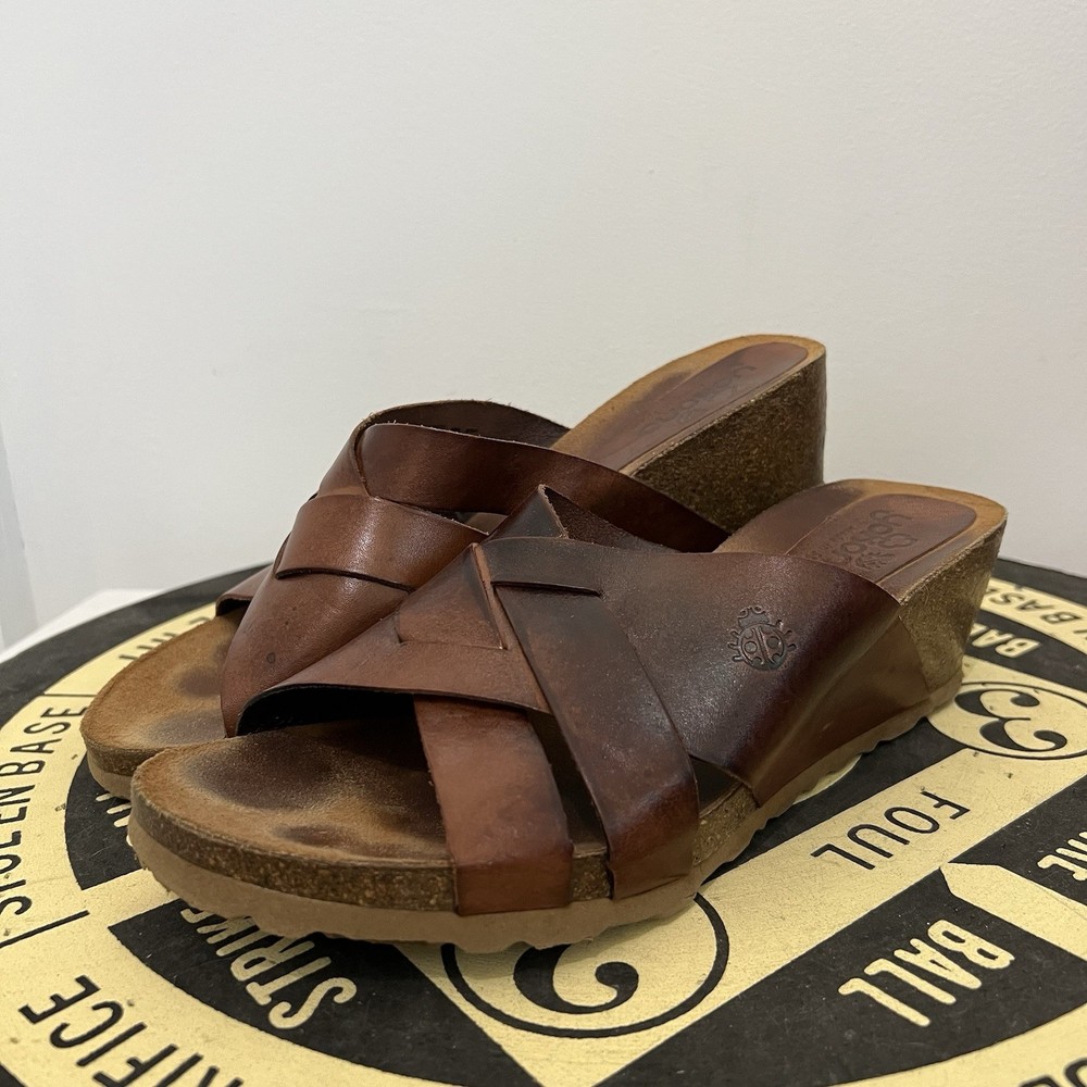 Yokono Brown Leather Woven Wedge Slide Sandals Made in Spain Womens Size 9.5