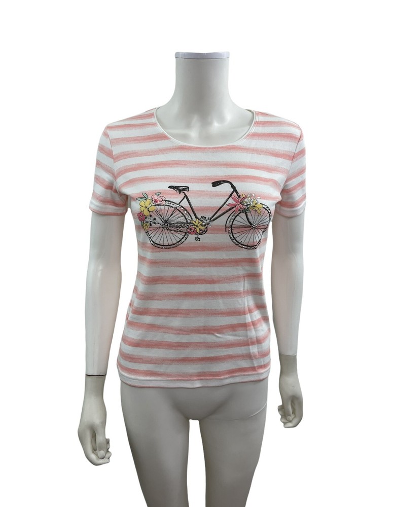 Karen Scott Women’s Size PP Short Sleeve Bicycle Pink White ￼Striped Tee