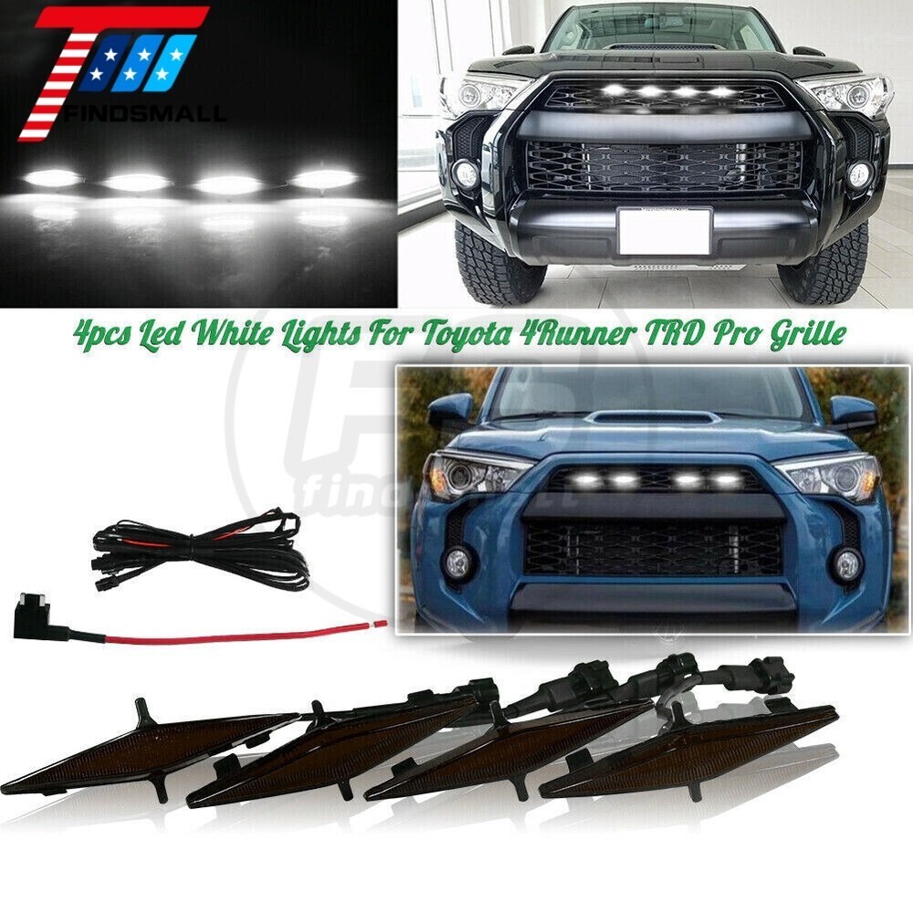 4PCS Smoked Lens Front Grille White LED Lights Kit For Toyota 4Runner 2014-2019