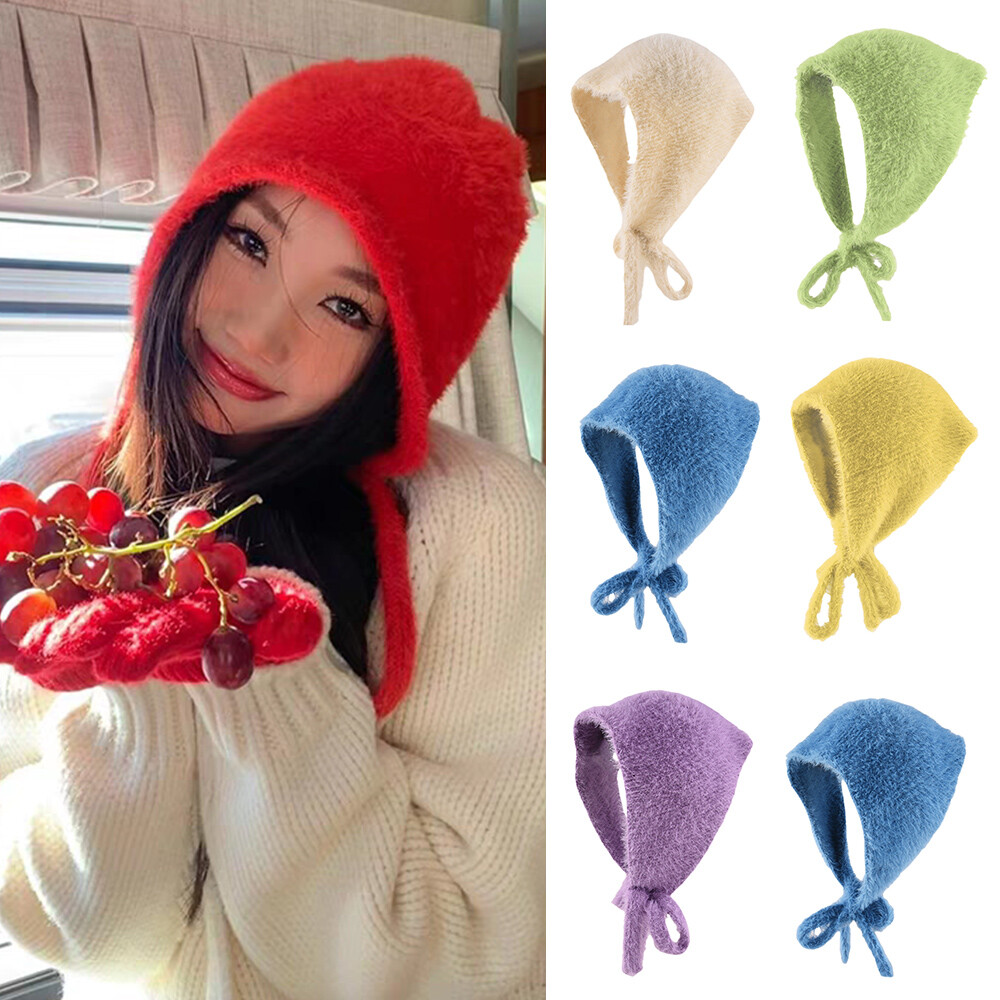 Ladies Plush Knitted Triangle Scarf Lace Headband Velvet Hair Wrap