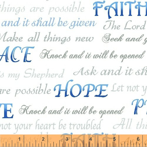 Religious Fabric | Inspirations Faith Words Blue Gray White | Baum YARD