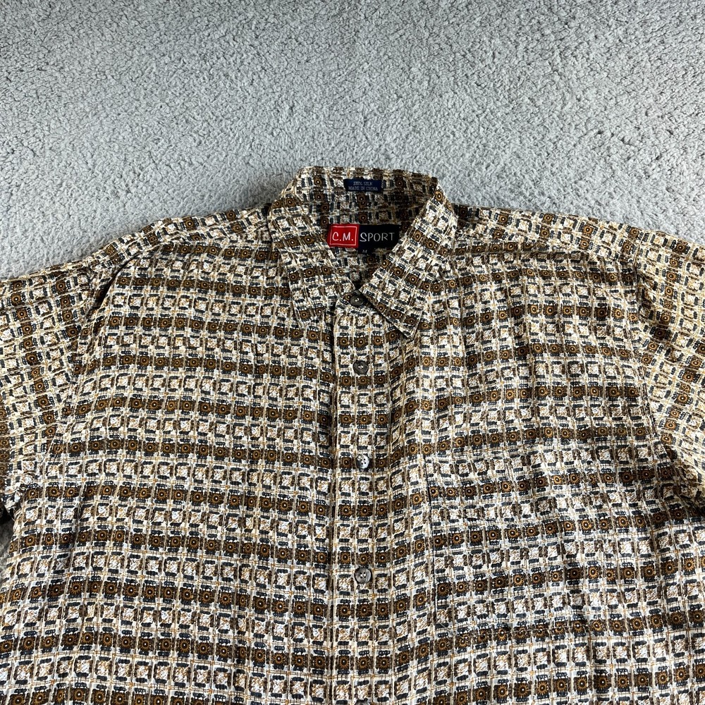 NEW C. M. Sport Shirt Mens Medium Brown Floral Silk Button Up Hawaiian Aloha