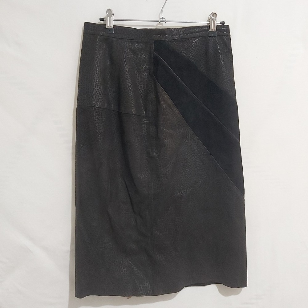 Vintage AU 10 Black Leather Suede Straight Skirt with Button Zip & Lining
