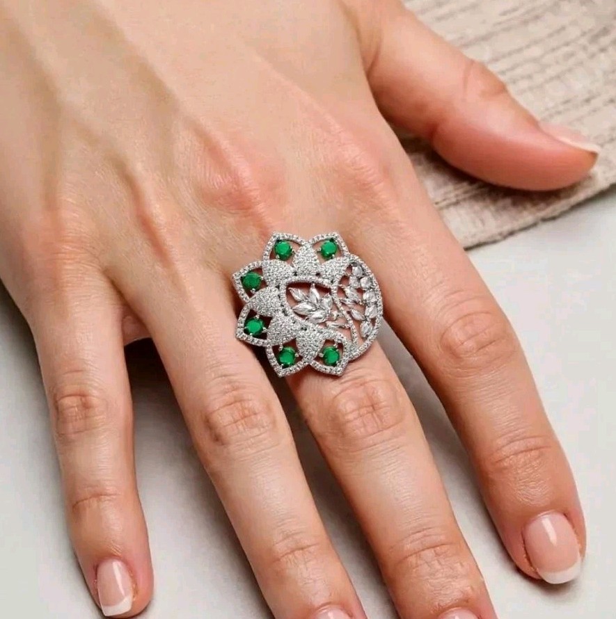 Bollywood Emerald CZ & American Diamond Ring Gift for Women by Ad Jewellery