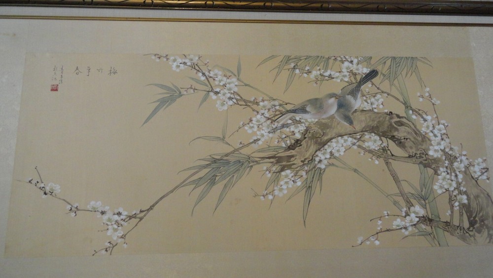 vintage painting on silk chinese bird floral signed seal mark hand made frame