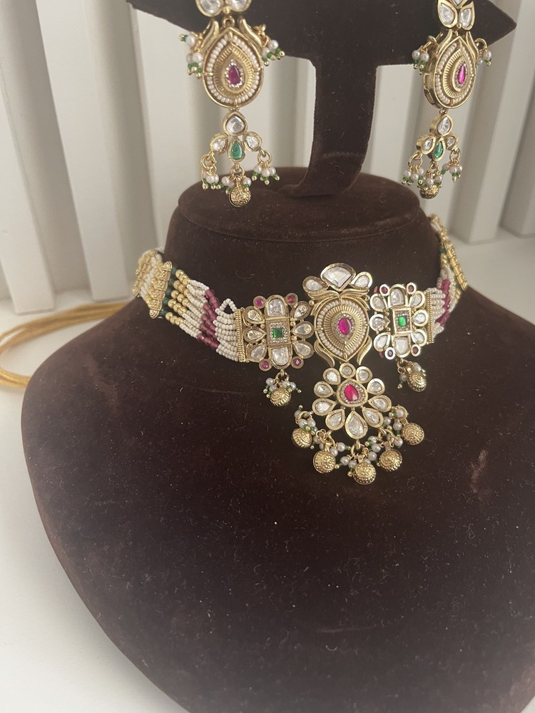 Indian Bollywoo  Kundan Choker Bridal Necklace Earrings Jewelry Set with beads