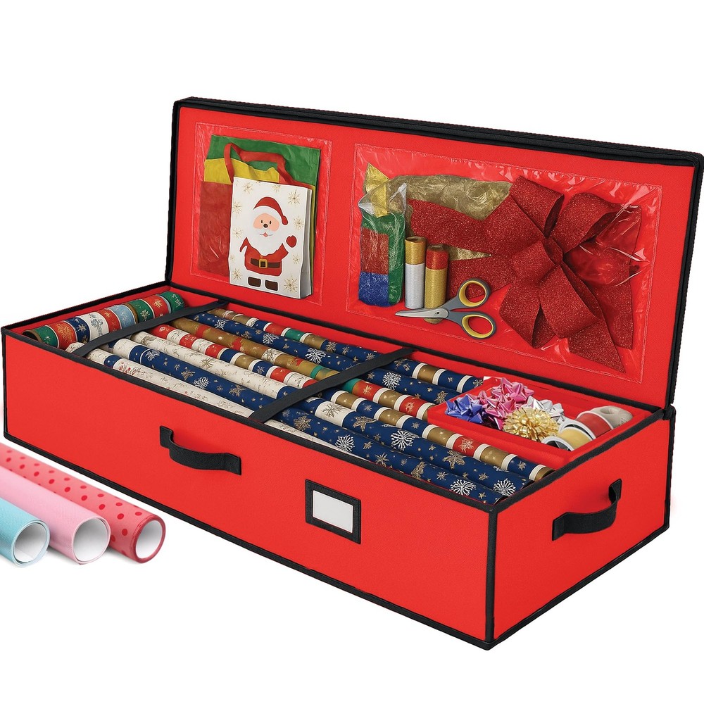 Durable Christmas Wrapping Paper Organizer Storage Box, Straps & Pockets, Gift