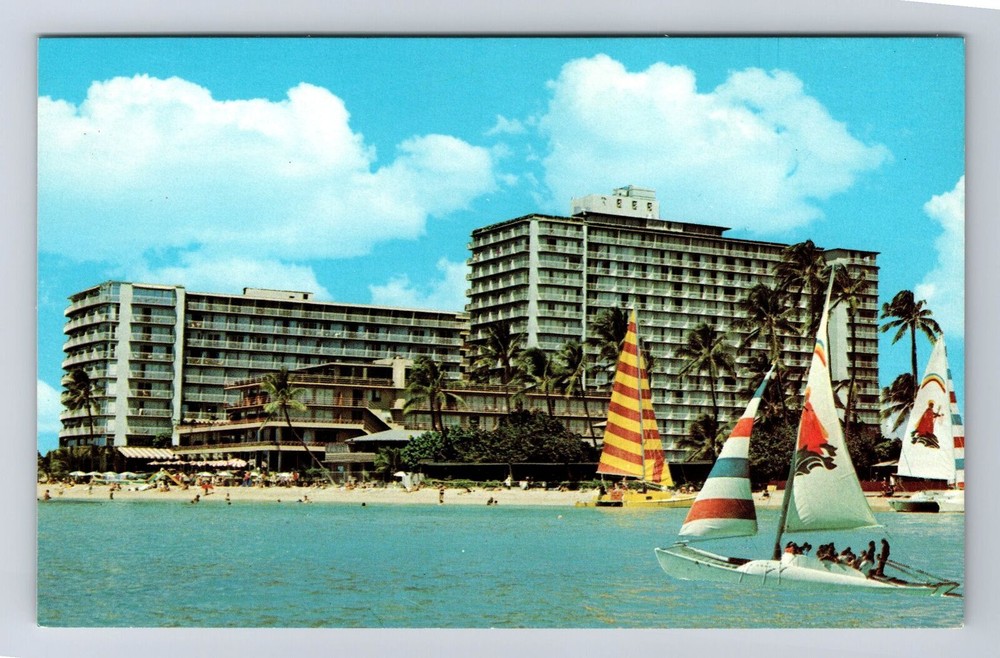 Waikiki HI-Hawaii, Reef Hotel, Sailing and Beach, Souvenir Vintage Postcard