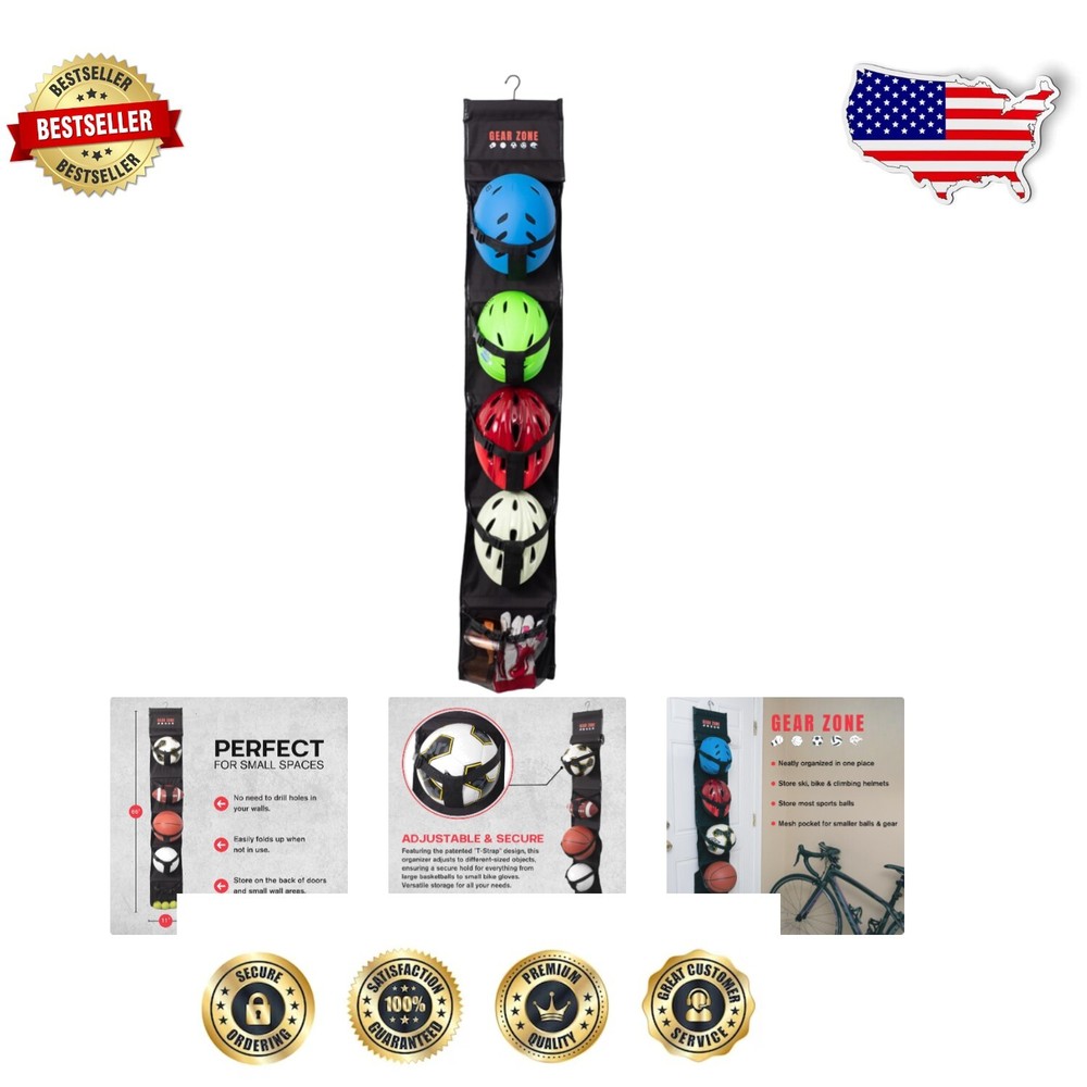 Space-Saving Over-The-Door Sports Equipment Organizer with Adjustable Hooks