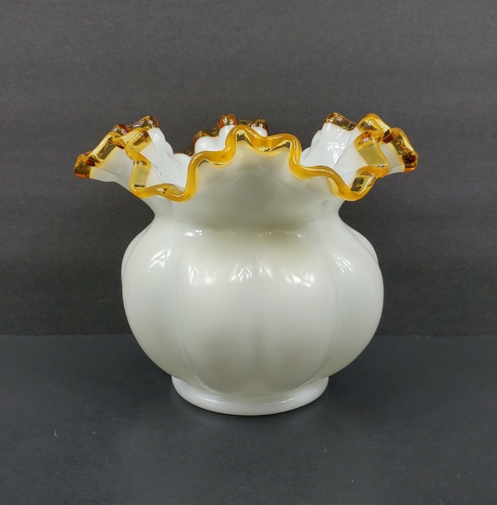 Fenton Milk Glass Amber Gold Crest Double Ruffled Melon Rose Bowl Vase Excellent Condition-image