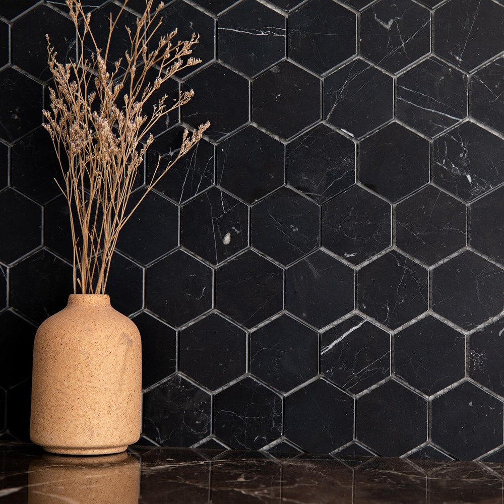 Black Marquina Marble 2-Inch Hexagon Mosaic Tile Honed for Kitchen Backsplash