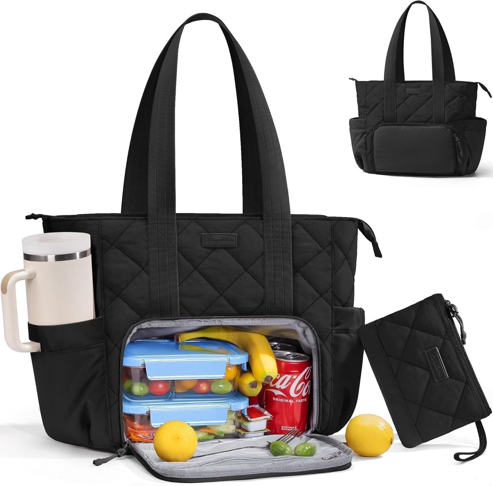 Puffer Lunch Tote Bag for Women, 15.6 Inch Laptop Work Bag with Insulated Lunch