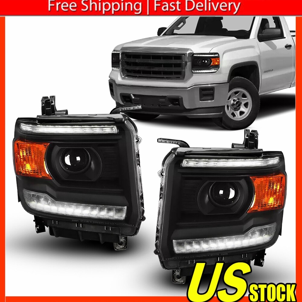 Fits 2014-2018 Sierra 1500 2500HD 3500HD DRL Black Amber Projector Headlights