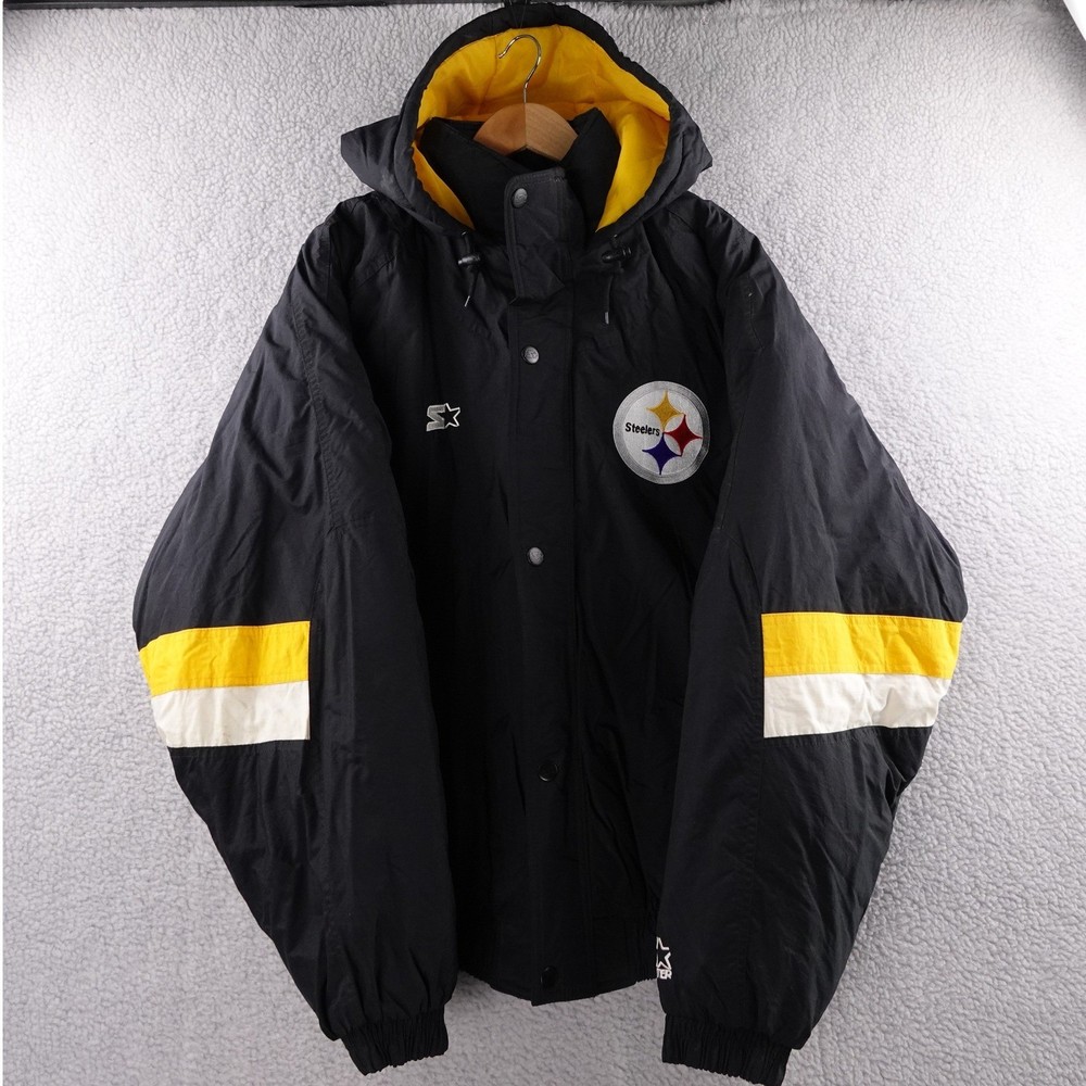 Vintage Starter Pittsburgh Steelers NFL Black Full Zip Hooded Jacket Mens 2XL