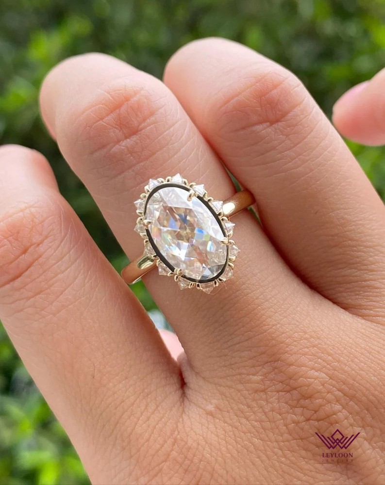 Oval Cut 4 Prong Halo Cathedral D Colorless 18K Gold Moissanite Ring