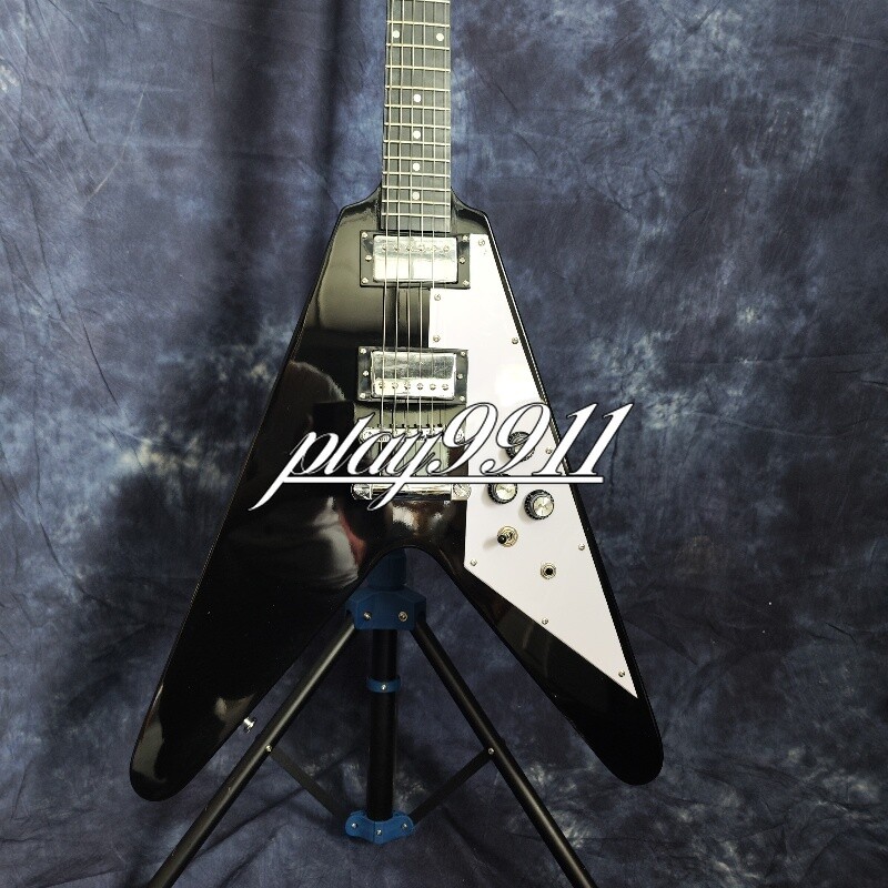 Black Flying V 70s HH Pickups Electric Guitar Mahogany Body White Pick Guard