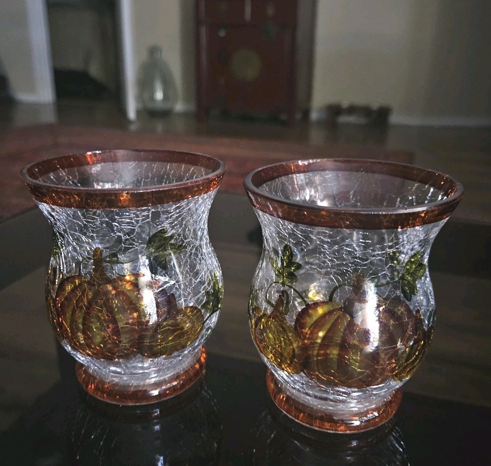 Yankee Candle Pumpkin Fall Leaves Crackle Glass Votive Candle Holders (2)
