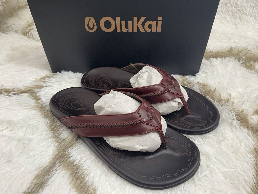 OluKai Men's Mea Ola Leather Sandals Size 10 Terra Dark Wood New in Box