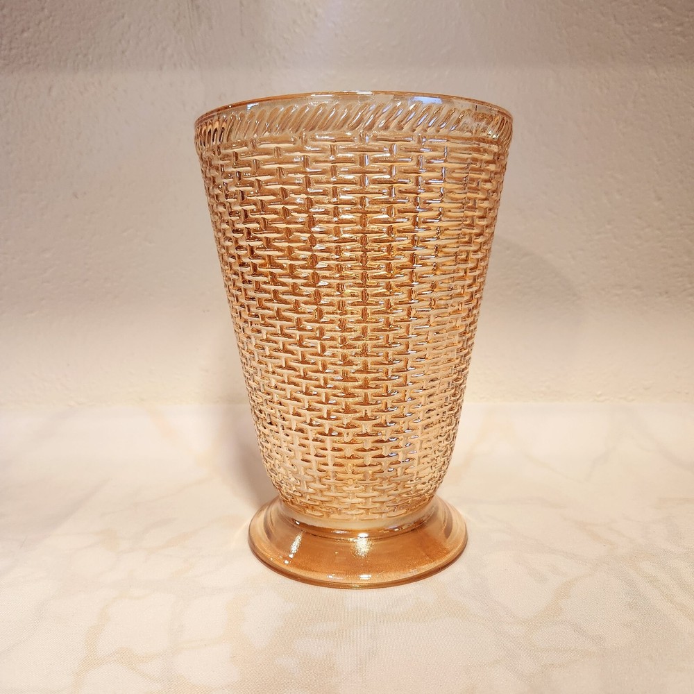 VTG 1930s Westmoreland Carnival Glass Marigold Tub Vase with Basketweave Pattern