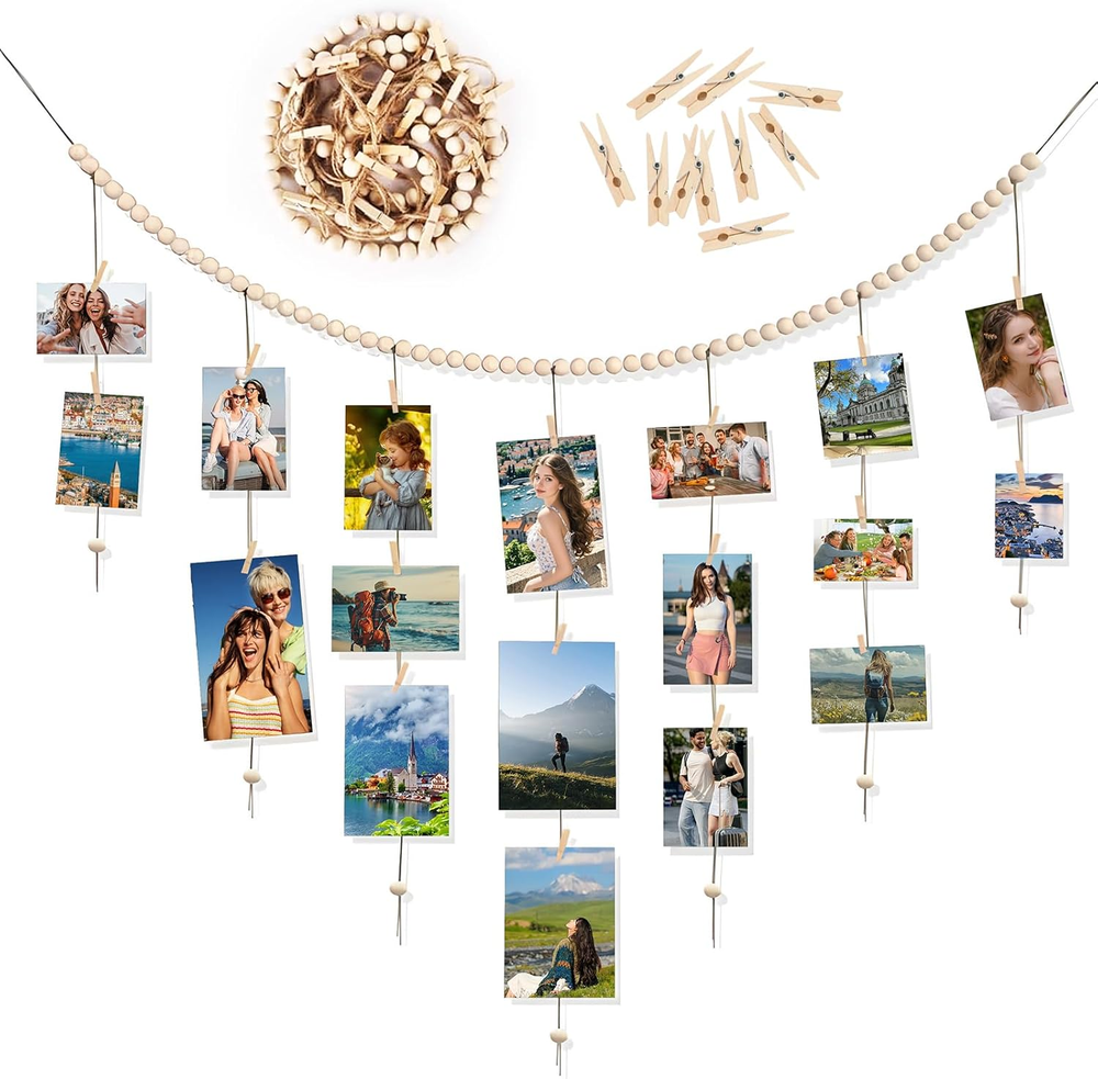 Hanging Photo Display with Clips, Boho Wood Bead Garland Picture Holder for