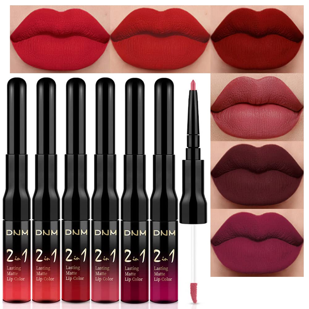 6Pcs Dark Red Mauve Purple Plum Matte Lip Stain Lip Liner & Lipstick Set Long Lasting