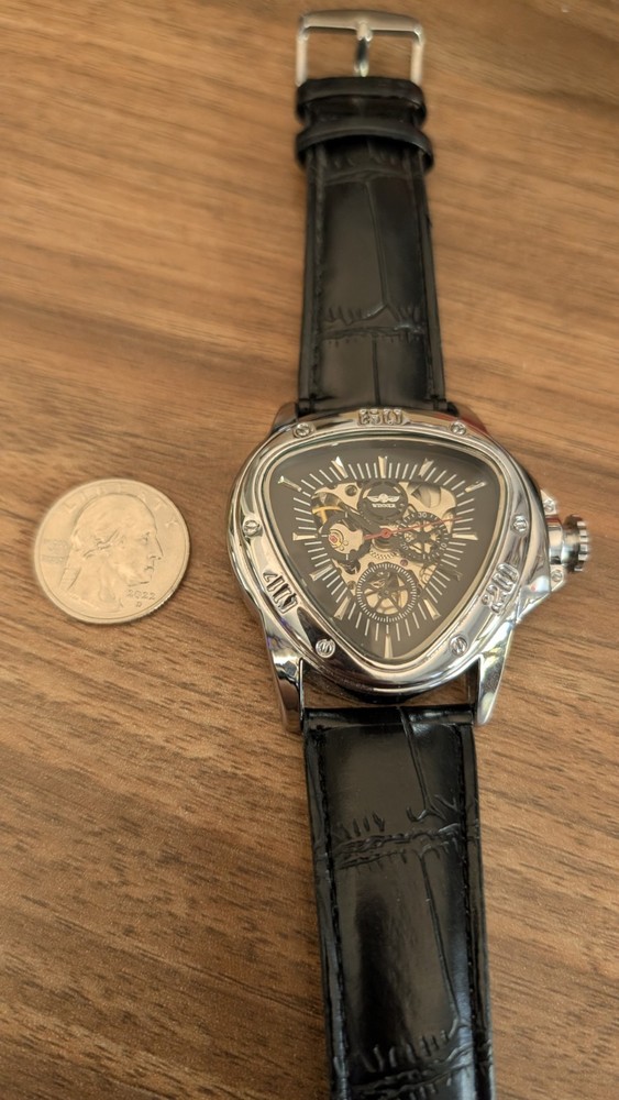 Winner Skeleton Automatic Watch – Triangle Case, Leather Strap, Men's mechanical
