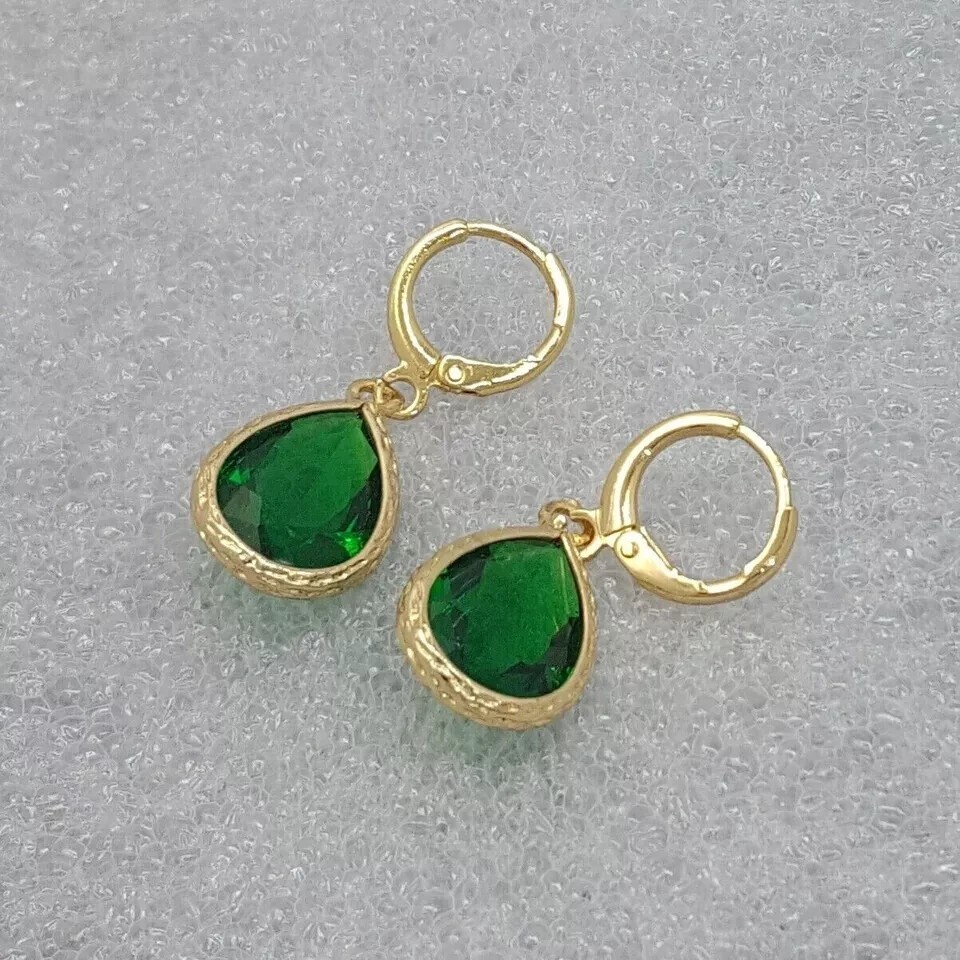 Pear Cut Green Emerald Simulated Drop Earrings in 14k Yellow Gold Plated for Women