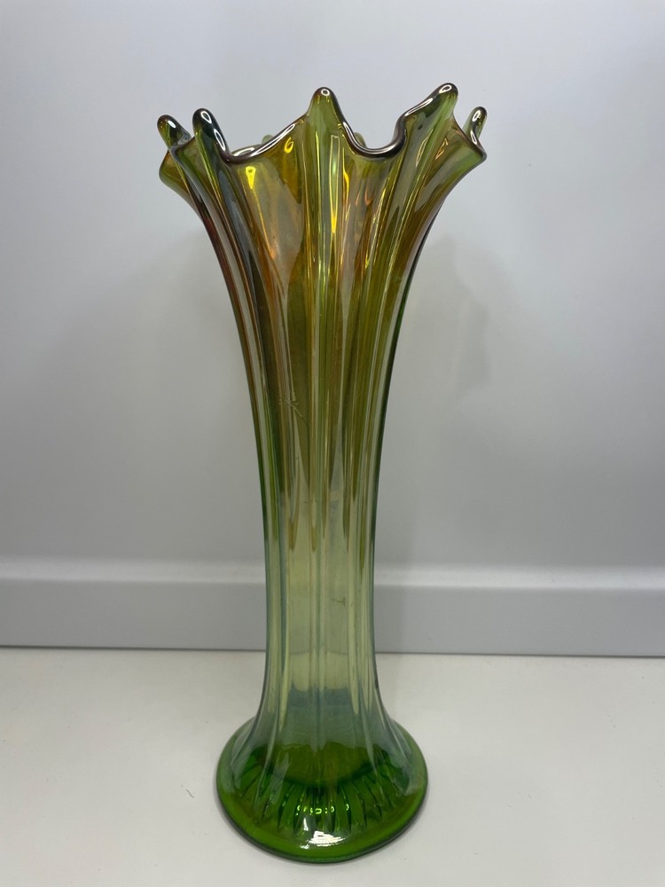 Northwood Carnival Green/Marigold Swung Glass Vase 10.25” Tall With N Logo