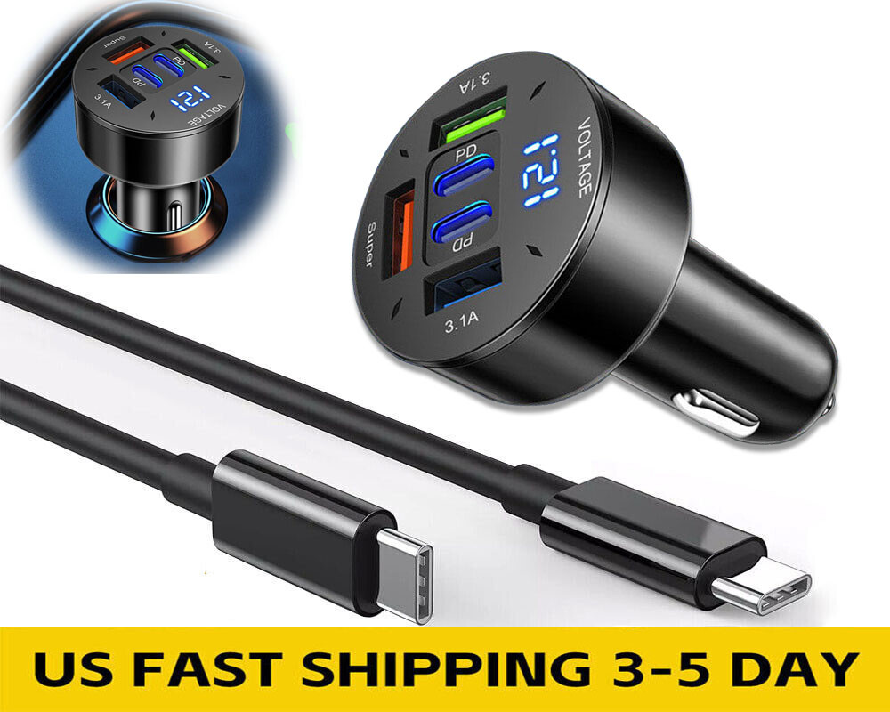 100W 5-Port Fast Car Charger for iPhone 16 15 14 Pro Max X with Data Sync