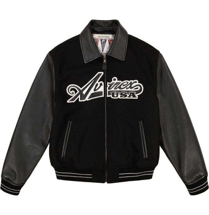 Avirex Mens Black Script Wool Bomber Jacket with Real Cowhide Leather for Stylish Flight-Inspired Outerwear