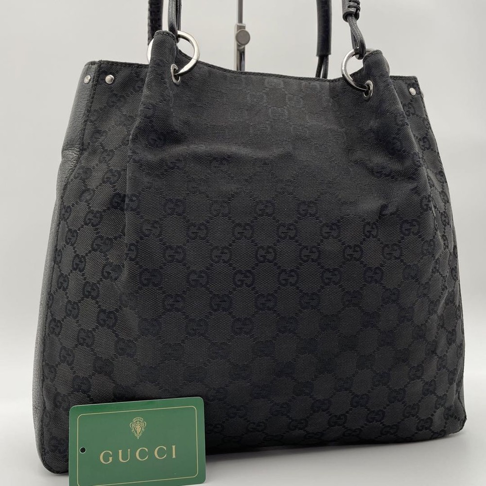 Gucci GG Canvas Leather Ring Tote Bag Black A4 Size Pre-Owned