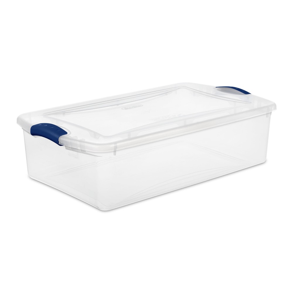 32 Quart Clear Plastic Storage Bin with Blue Lid and Secure Latches