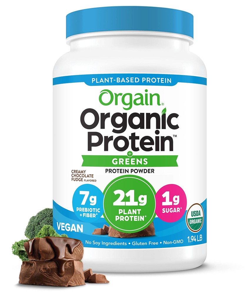 Organic Vegan Protein Powder + Greens Creamy Chocolate Fudge - 21g Plant Base...