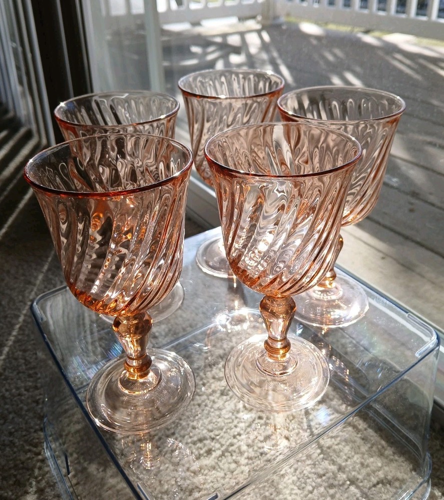 Luminarc Vintage 5 Piece Rosaline Pink Swirl Glass Goblets 6