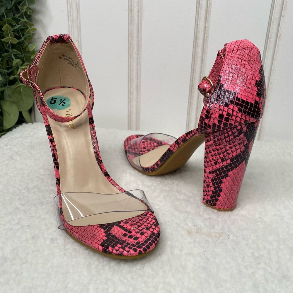 Bamboo Block Heel Sandals Size 5.5 Pink Faux Snakeskin Summer Date Night Strappy