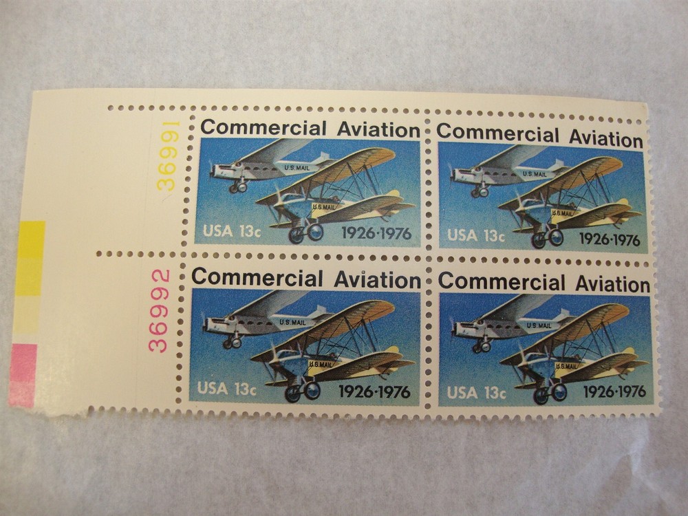 Vintage 13-Cent US Postage Stamp Plate Block Commercial Aviation 1926-1976 New MHN  
