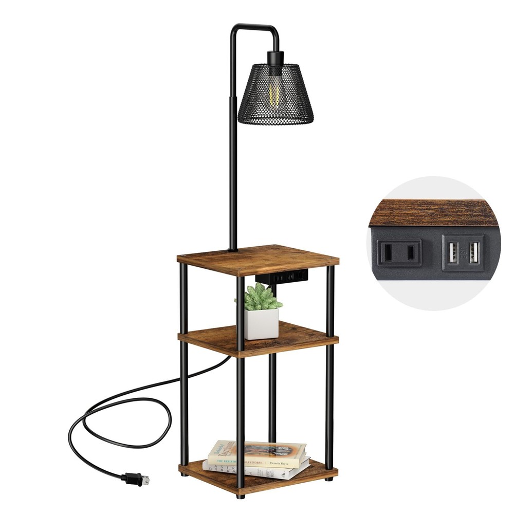 Floor Lamp with Table,Foor Lamp with Shelves,Side Table with USB Charging Por...