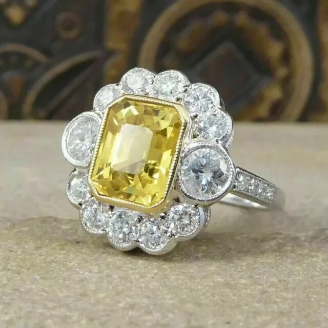Radiant Cut Simulated Yellow Citrine Halo Engagement Ring 14K White Gold Plated
