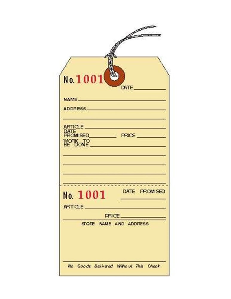 Repair Tags w Stub, Strung Manila, Numbered, 5-1/4