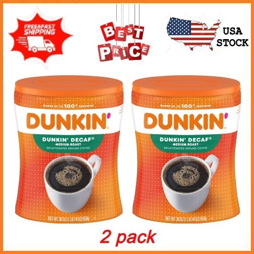 2 pack Dunkin’ Decaf Medium Roast Ground Coffee, 30 oz Canister FREESHIPPING