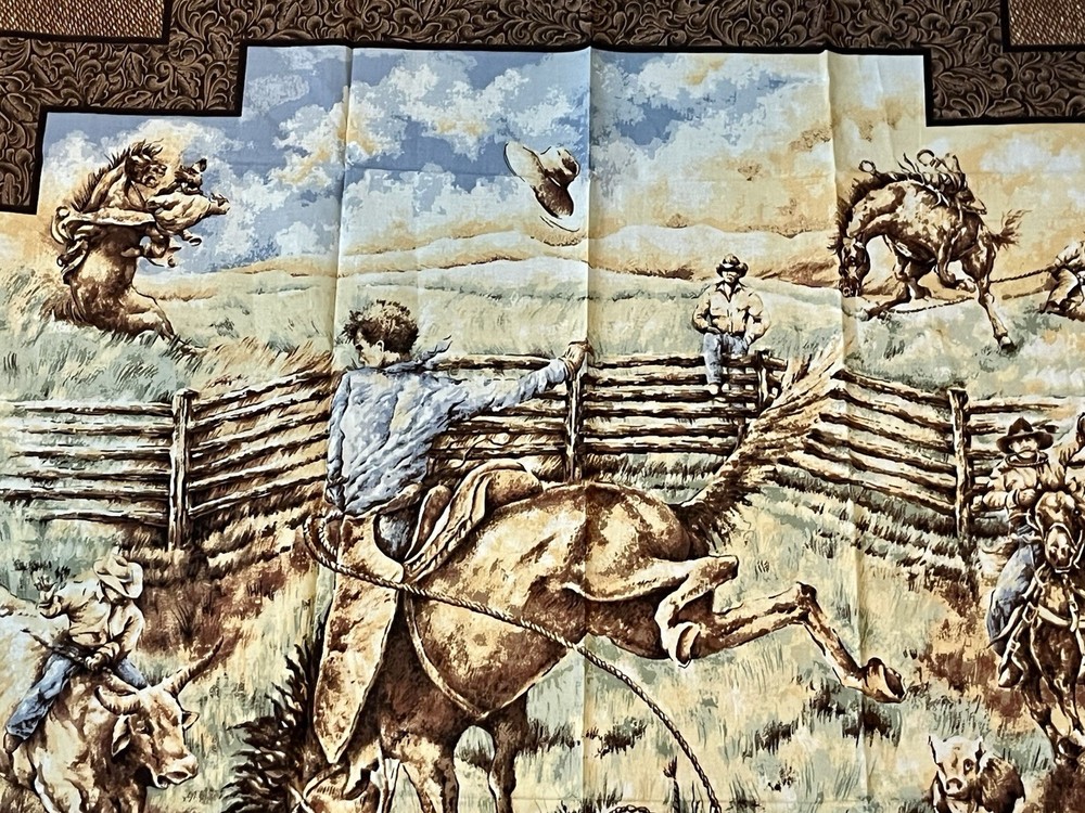 VTG  Cowboy Cotton Fabric Panels Horse Farmhouse Rodeo  44x35