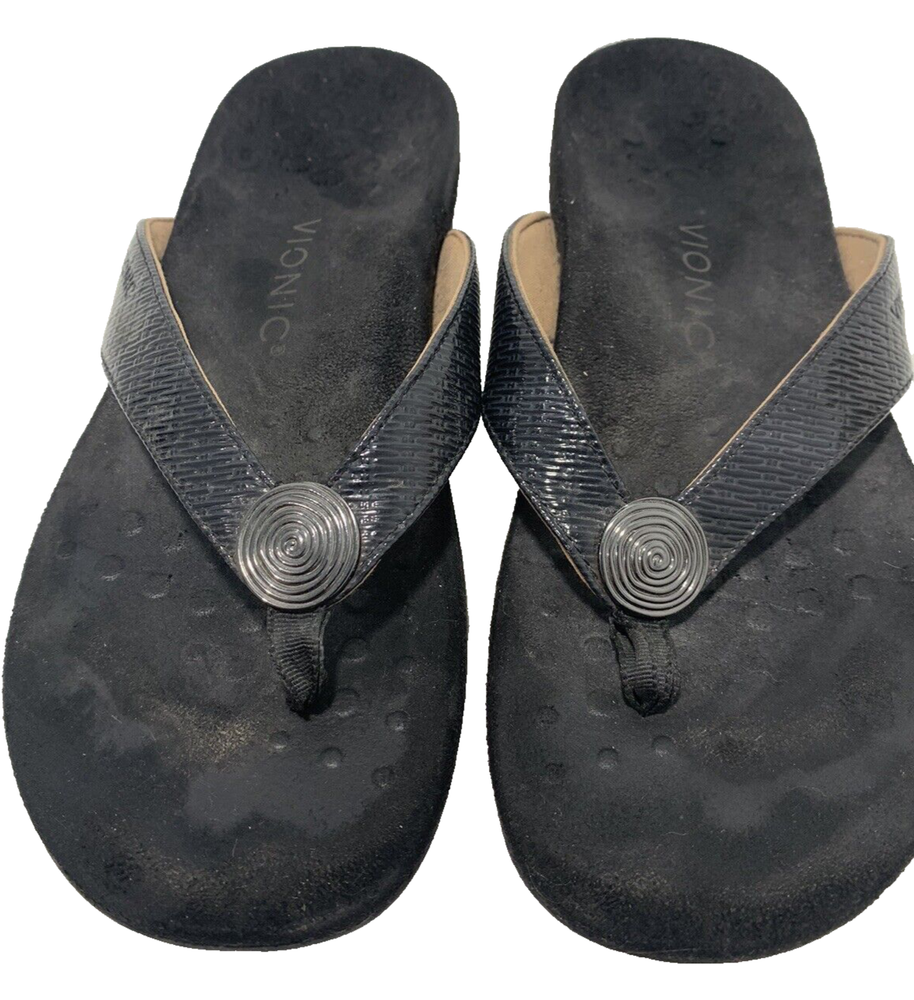 VIONIC Hilda Thong Flip Flop Sandals Womens Size 8 Black Woven Faux Leather