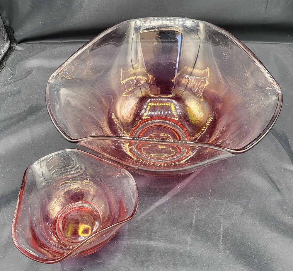 Vintage Anchor Hocking Pink Cranberry Chip Dip Serving Bowl Set Flash Glass  