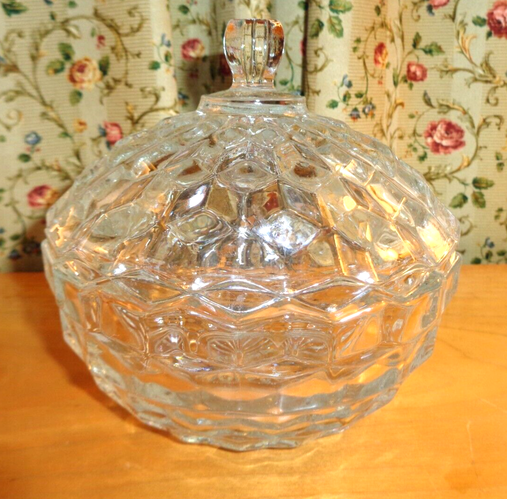 Vintage Fostoria American Pattern Glass Cubed Candy Dish with Lid  